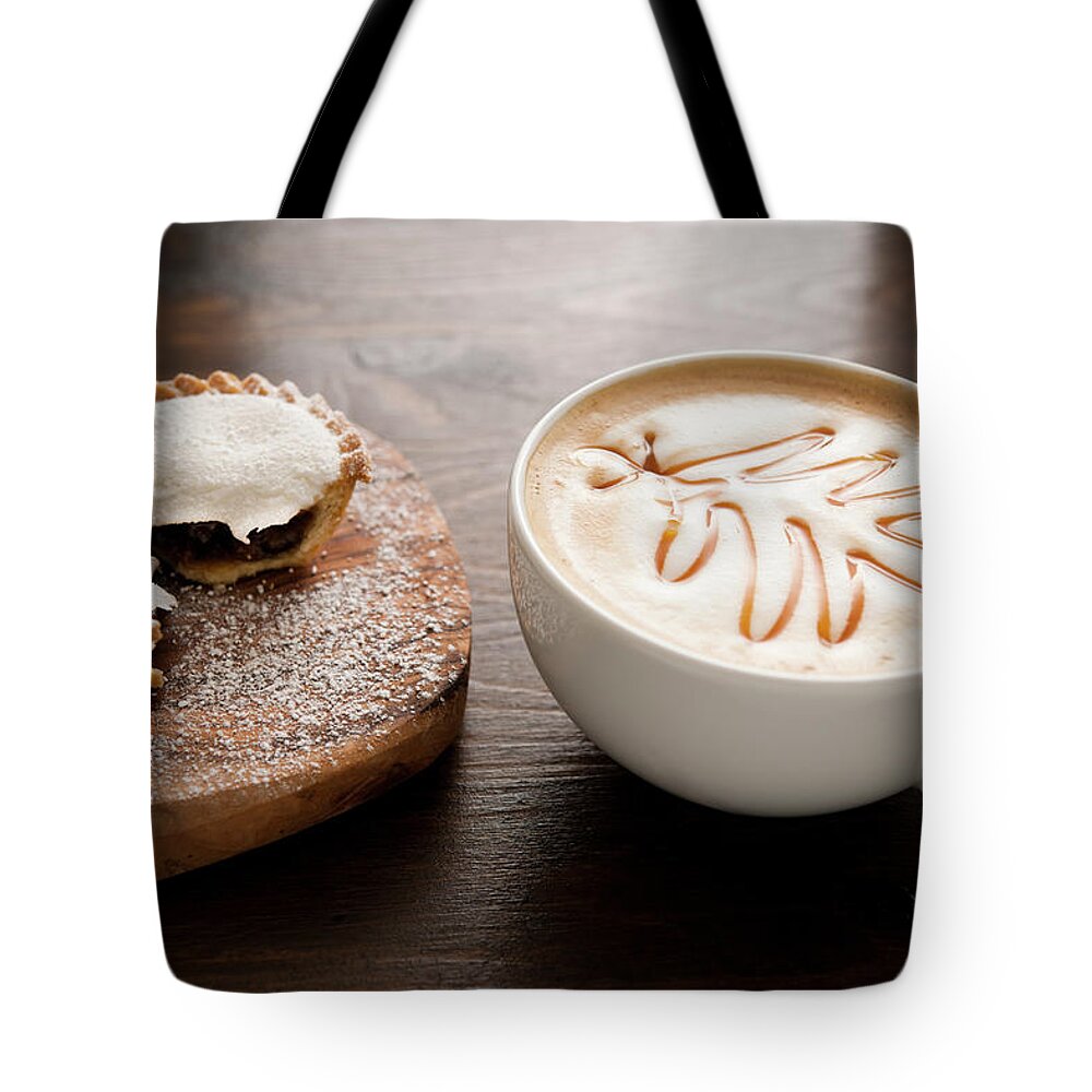 Mince Pie Tote Bag featuring the photograph Mincepie With Cofee And Christmas Tree by John Shepherd