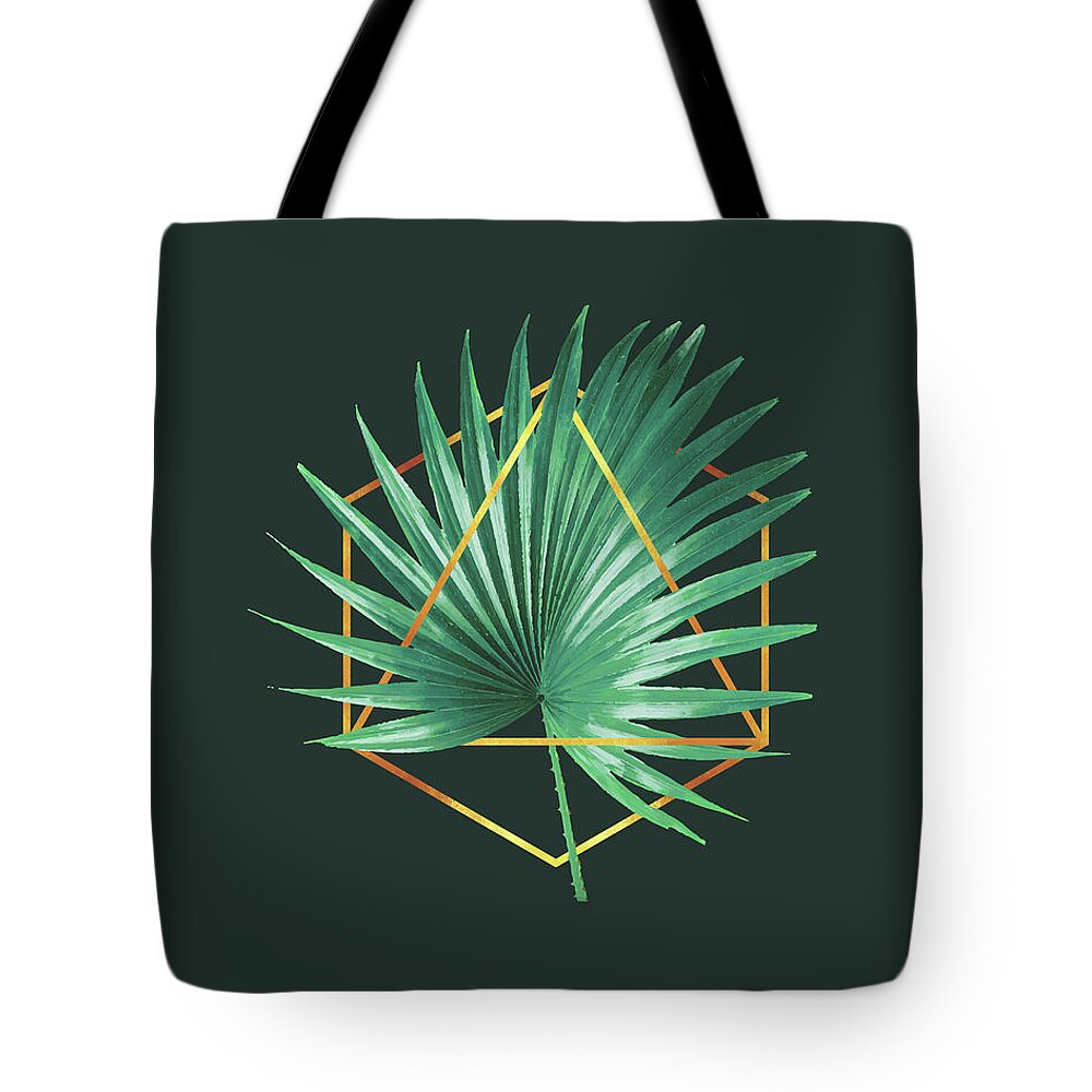 Tropical Palm Leaf Tote Bag featuring the mixed media Minimal Tropical Palm Leaf - Palm and Gold - Gold Geometric Shape - Modern Tropical Wall Art - 2 by Studio Grafiikka