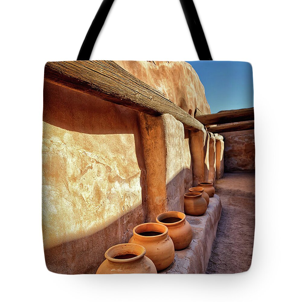 Old Pots Tote Bag featuring the photograph Mission at Tumacacori Arizona Pots by Catherine Walters