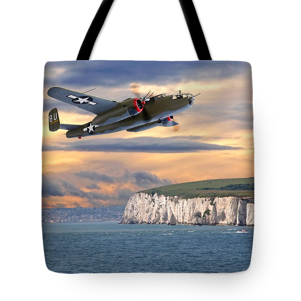 Aviation Tote Bag featuring the photograph Mission Complete B-25 Over White Cliffs Of Dover by Gill Billington