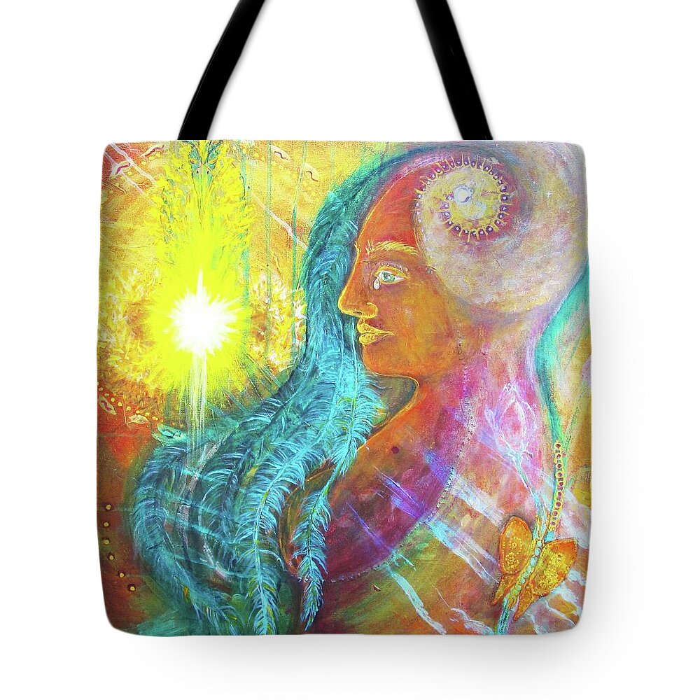 Phoenix Symbolism. Spirals Tote Bag featuring the painting Mistress of Solutions by Feather Redfox