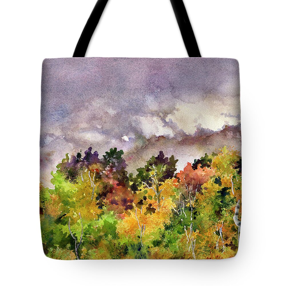 Fall Trees Painting Tote Bag featuring the painting Misty Fall Morning by Anne Gifford