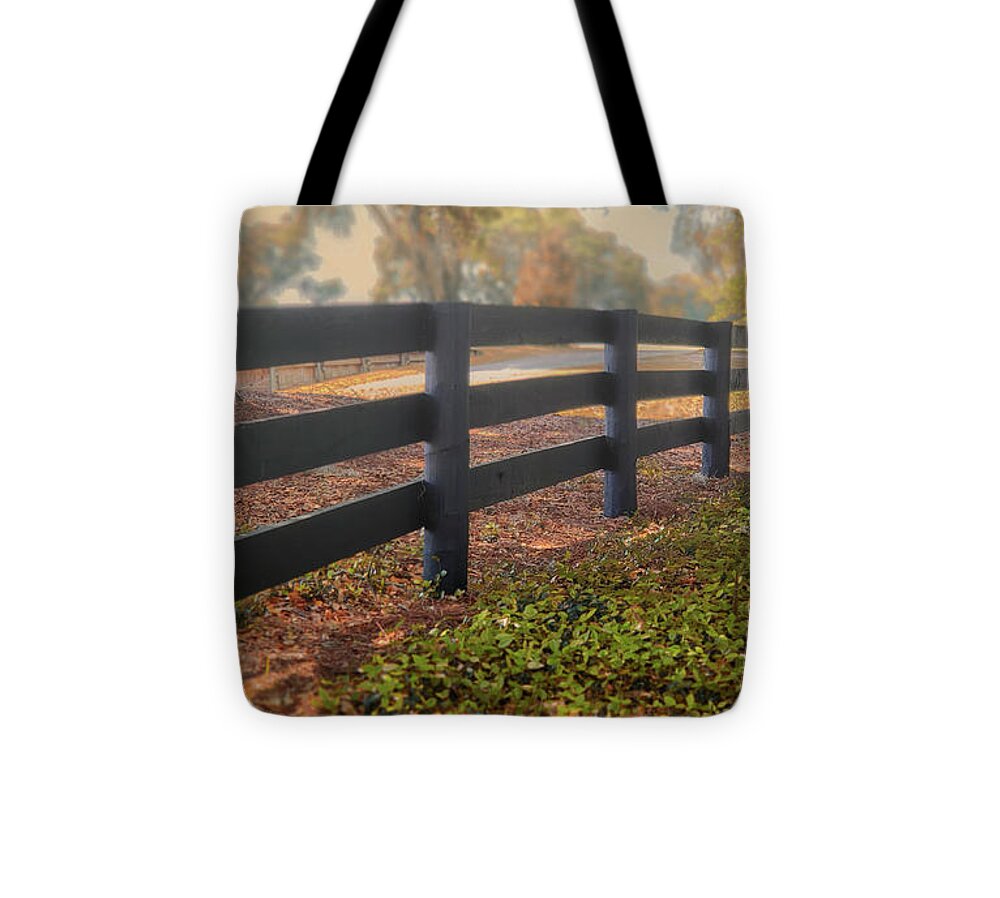 Wooden Split Rail Fence Tote Bag featuring the photograph Misty Morning Walk by Mary Lou Chmura