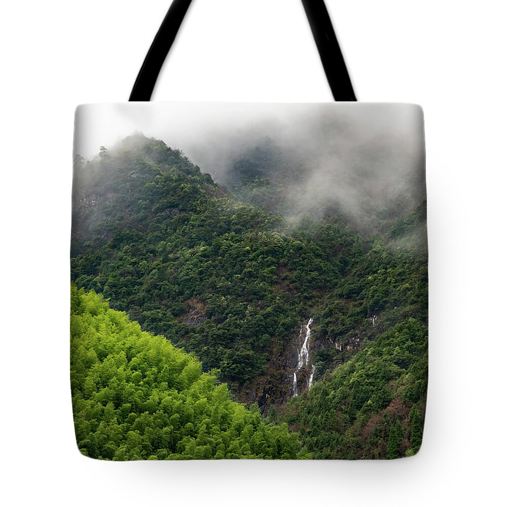 Waterfall Tote Bag featuring the photograph Misty Mountain Waterfall by William Dickman
