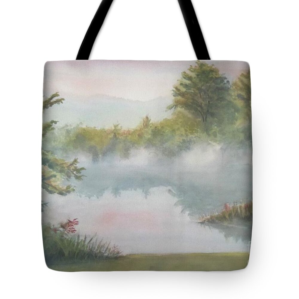 Landscape Tote Bag featuring the painting Misty Pond by Petra Burgmann