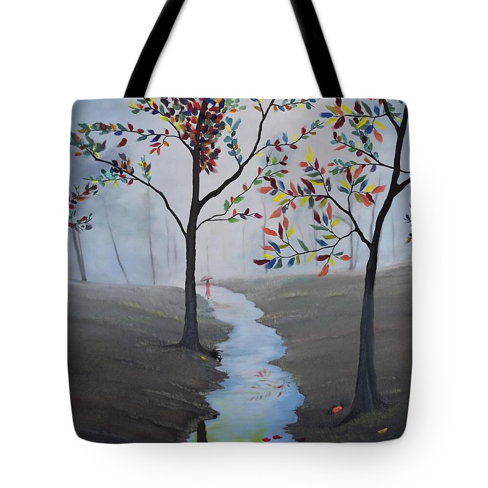 Misty Tote Bag featuring the painting Misty Stroll by Berlynn