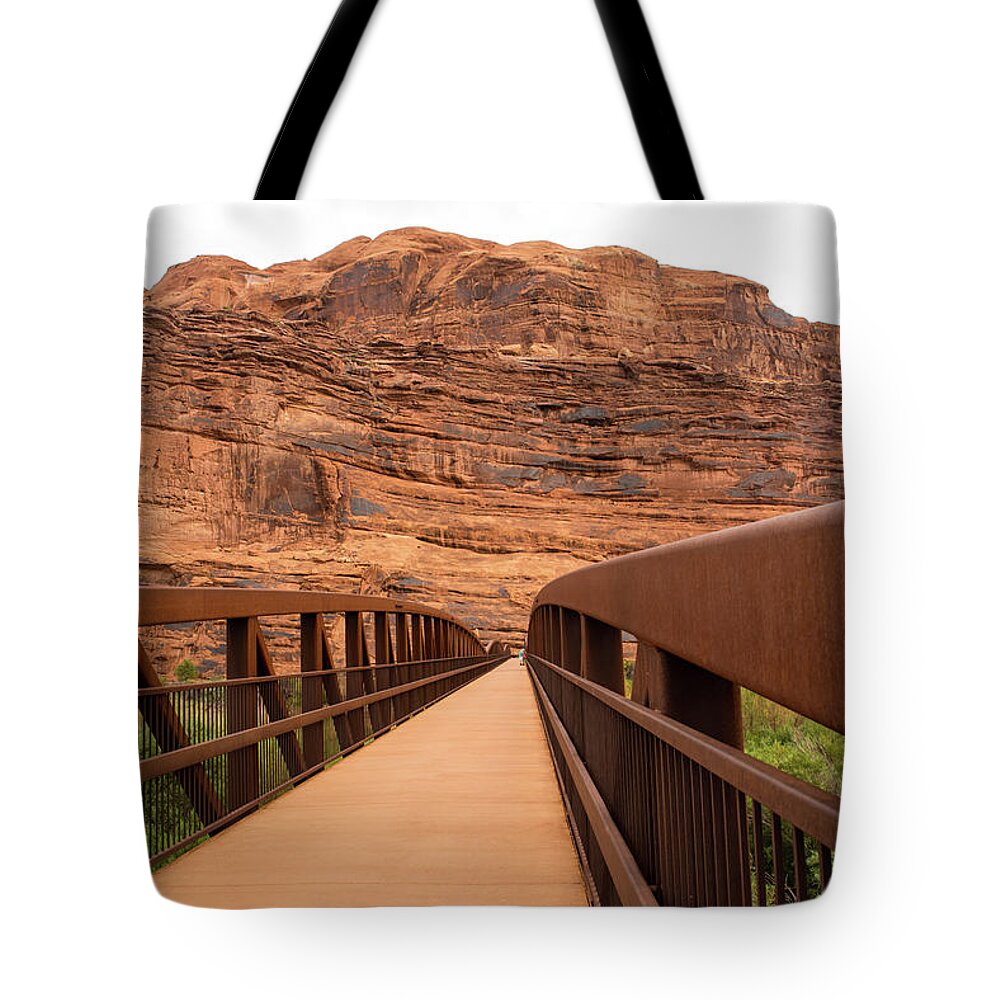 Moab Canyon Pathway Footbridge Tote Bag featuring the photograph Moab Canyon Pathway Footbridge by Tom Cochran