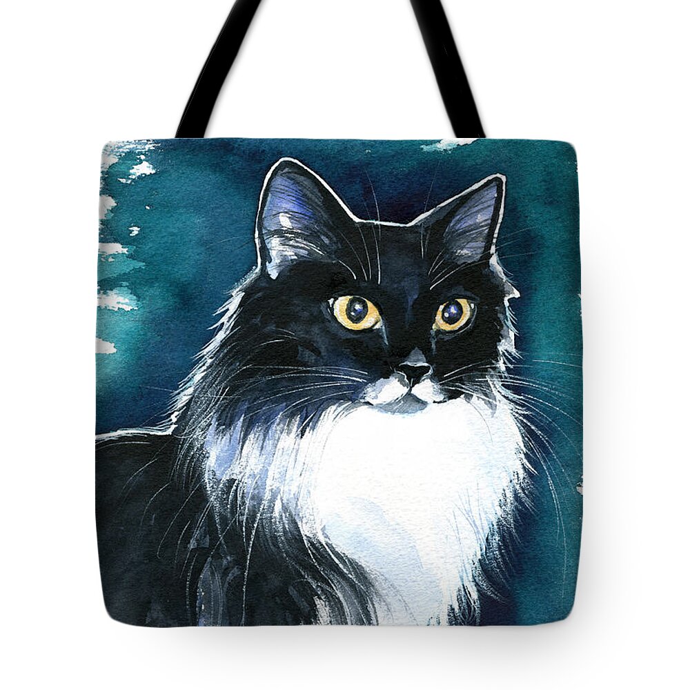 Cats Tote Bag featuring the painting Molly Long Haired Tuxedo Cat Painting by Dora Hathazi Mendes