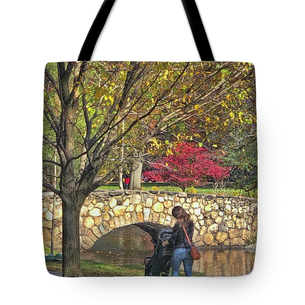 Greenwich Tote Bag featuring the photograph Mom Pushing a Baby Carriage in the Park by Cordia Murphy