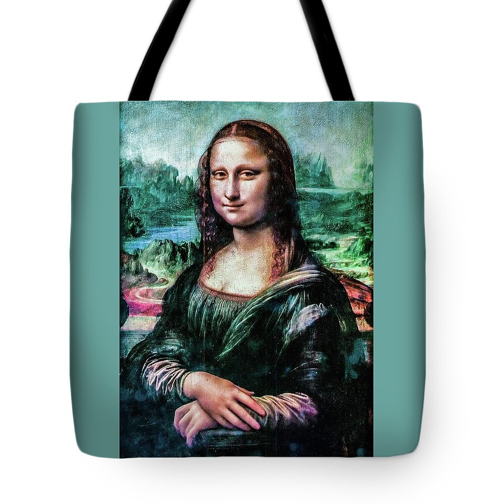 Mona Lisa Tote Bag featuring the mixed media Mona Lisa by Teresa Trotter