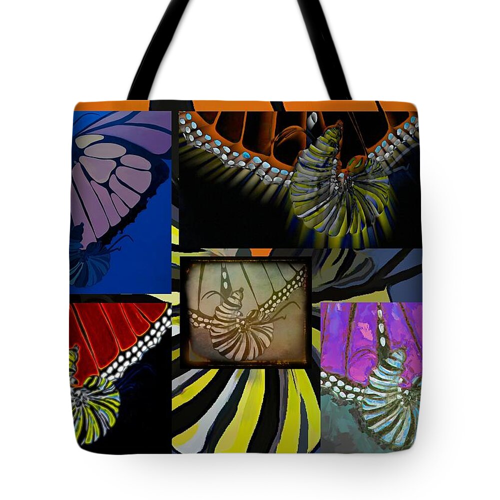 Modern Semi-abstract Tote Bag featuring the painting Monarch Butterfly Caterpillar Collage by Joan Stratton