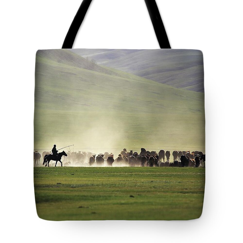 Horse Tote Bag featuring the photograph Mongolian Herder Rides Alongside Herd by Timothy Allen