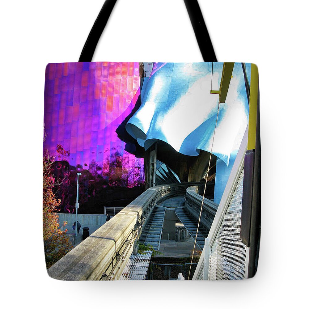 Seattle Tote Bag featuring the photograph Monorail and EMP, Seattle by Segura Shaw Photography