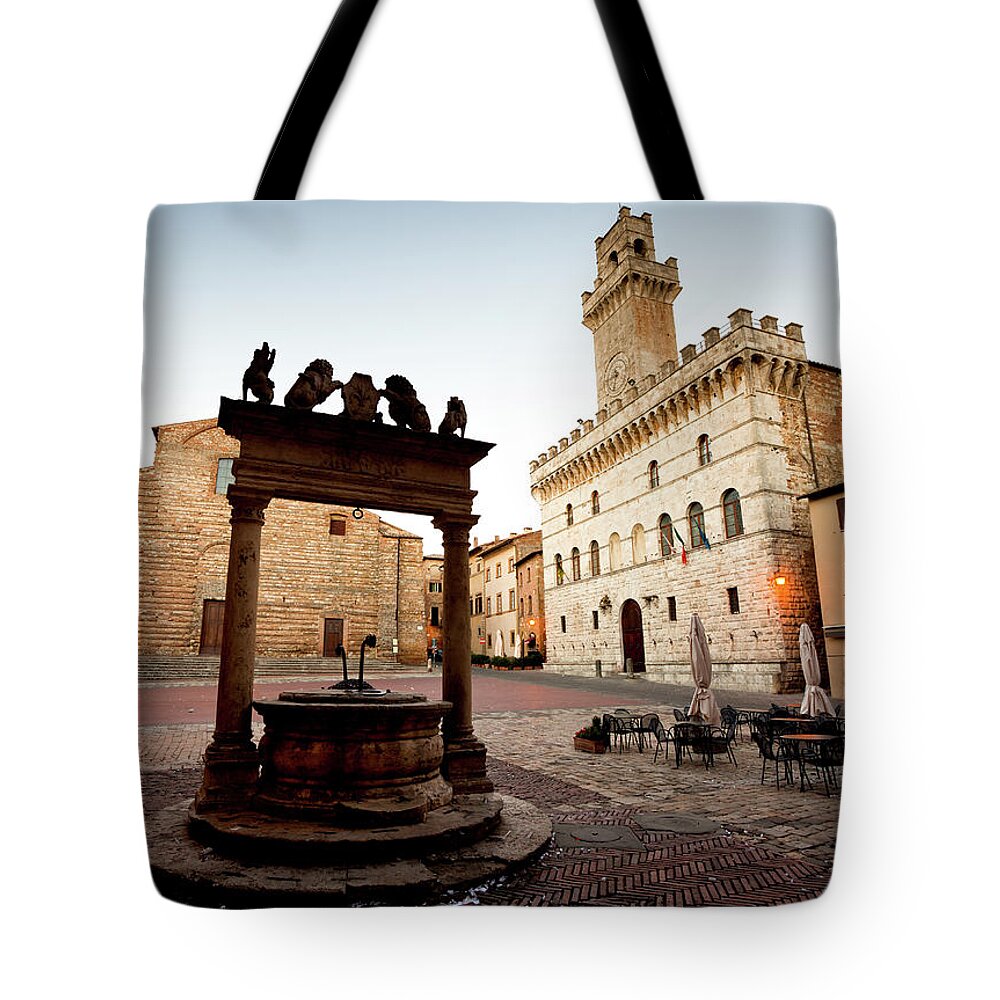 Italian Culture Tote Bag featuring the photograph Montepulciano Square With Well And Town by Kjschoen