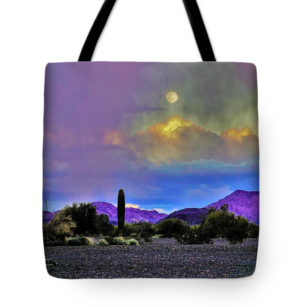 Rain Tote Bag featuring the photograph Moon at Sunset in the Desert by Tranquil Light Photography