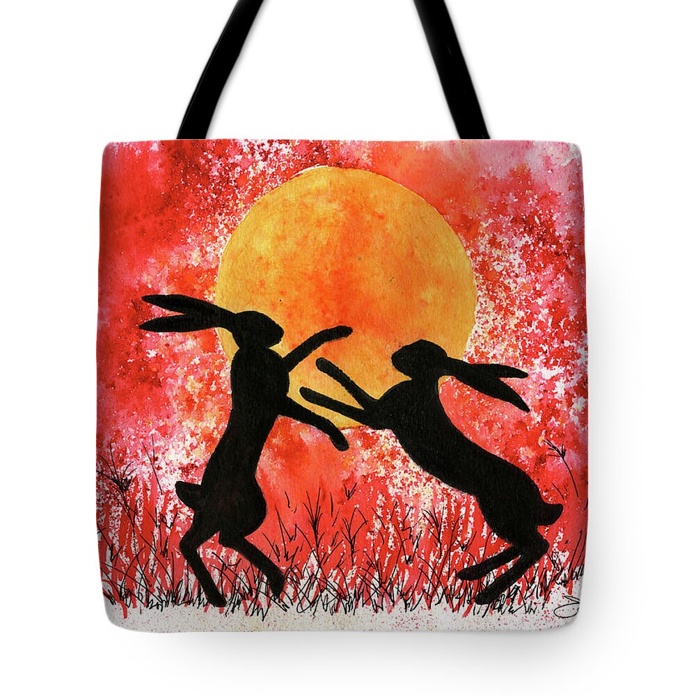Hare Tote Bag featuring the painting Moon Hares by John Silver