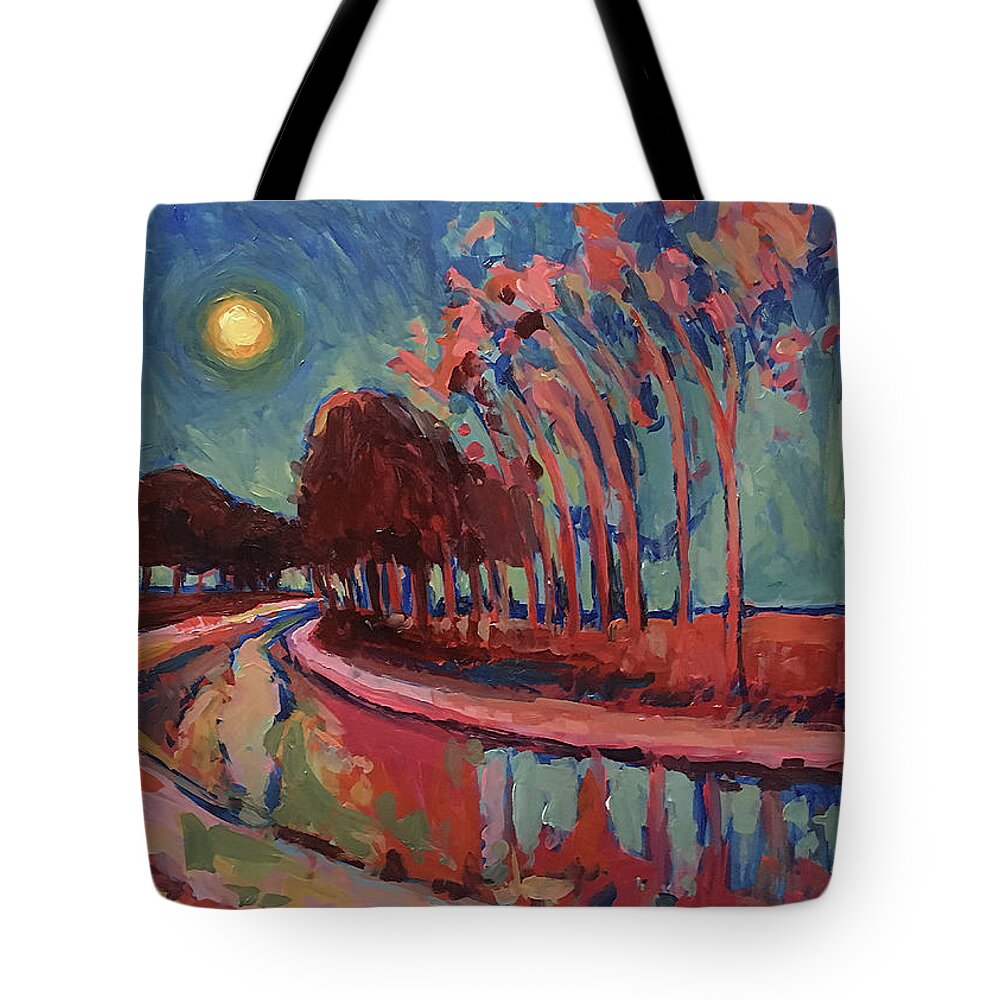 Canal Tote Bag featuring the painting Moon Night at the canal by Nop Briex
