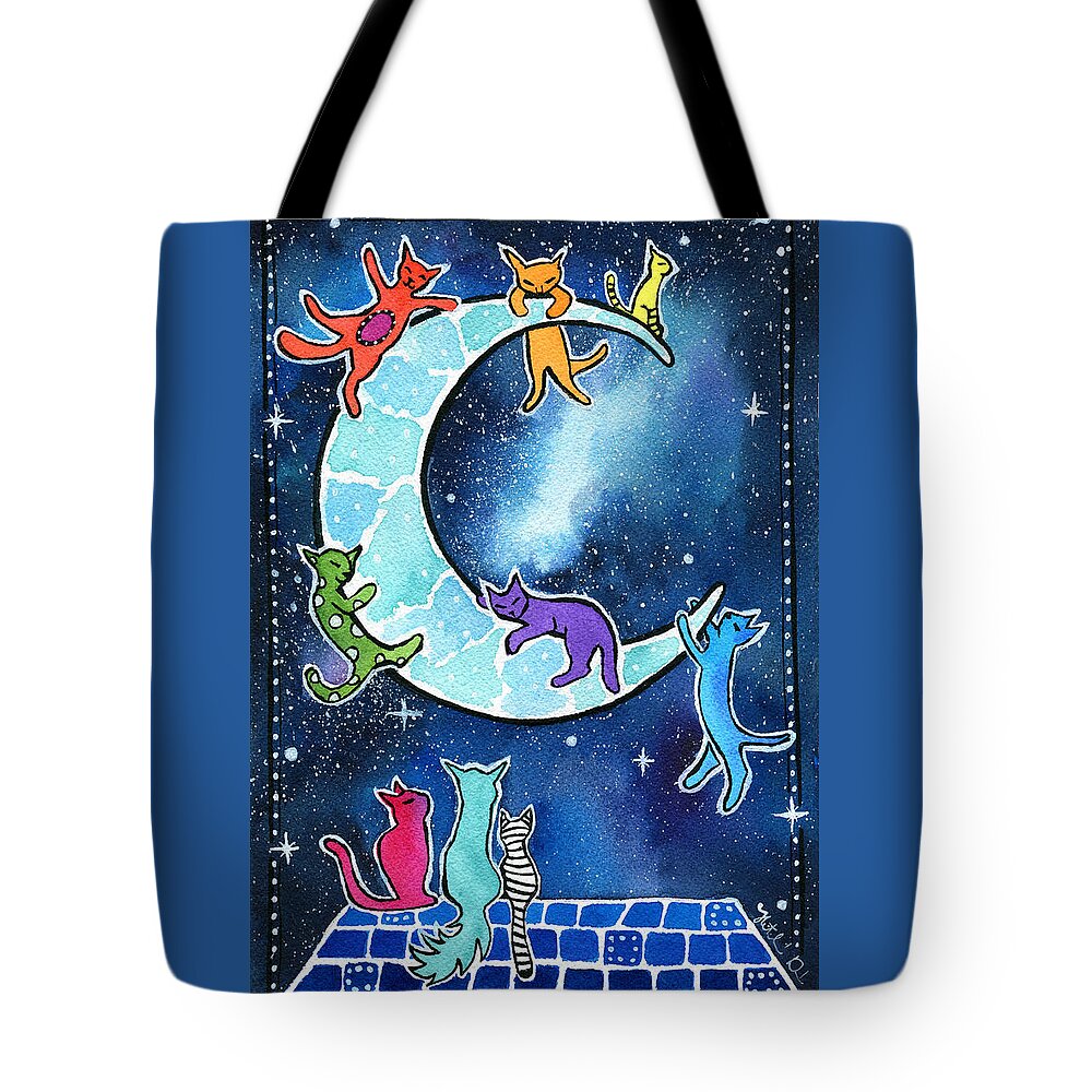 Cat Tote Bag featuring the painting Moon Riders by Dora Hathazi Mendes
