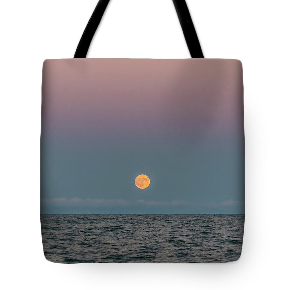 Moon Tote Bag featuring the photograph Moon rise on Lake Michgan by Sven Brogren
