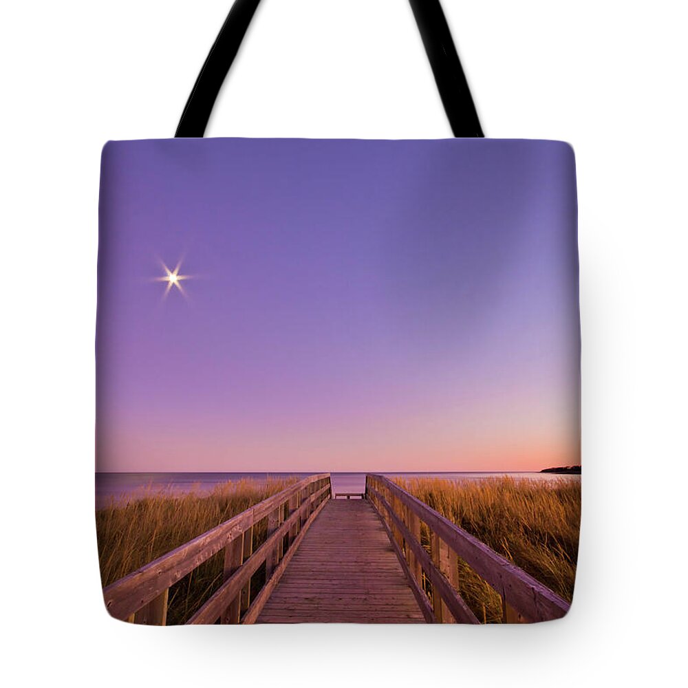 Scenics Tote Bag featuring the photograph Moonlit Boardwalk At Beach by Nancy Rose