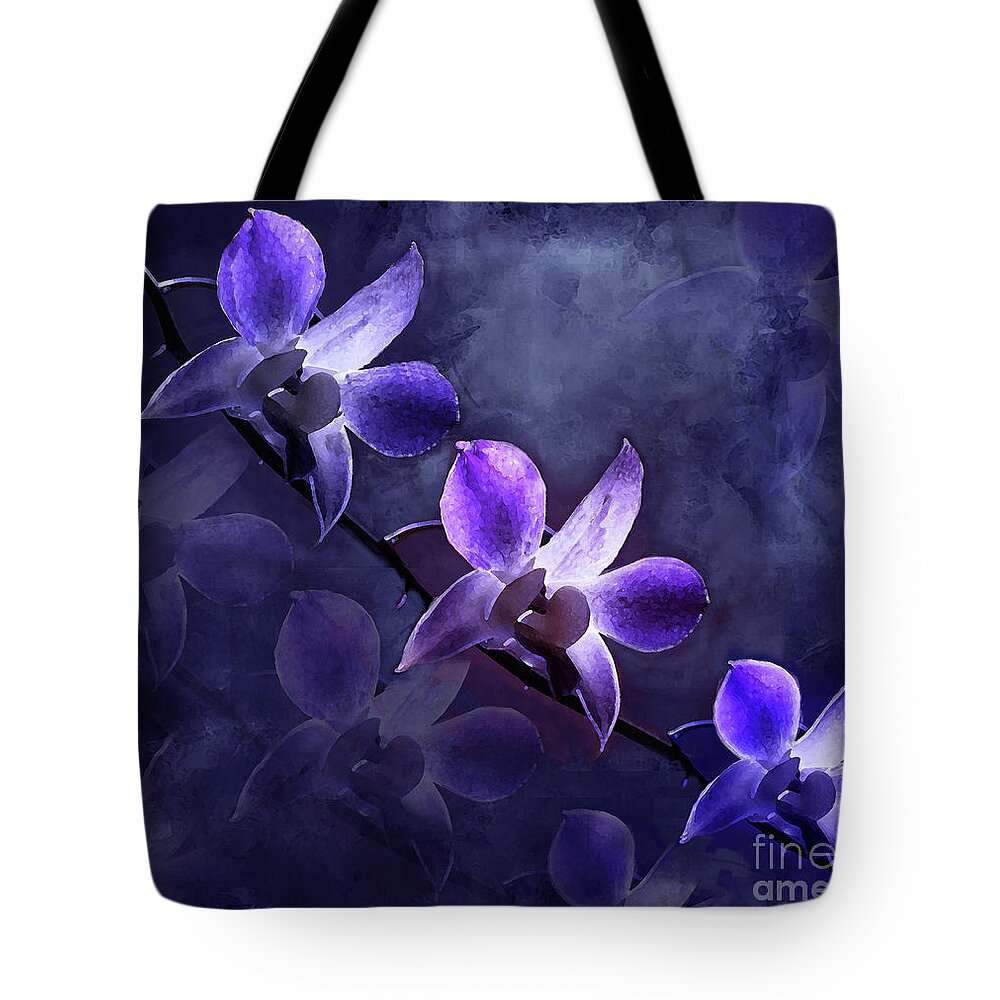 Orchids Tote Bag featuring the digital art Moonrise on Purple Orchids by J Marielle