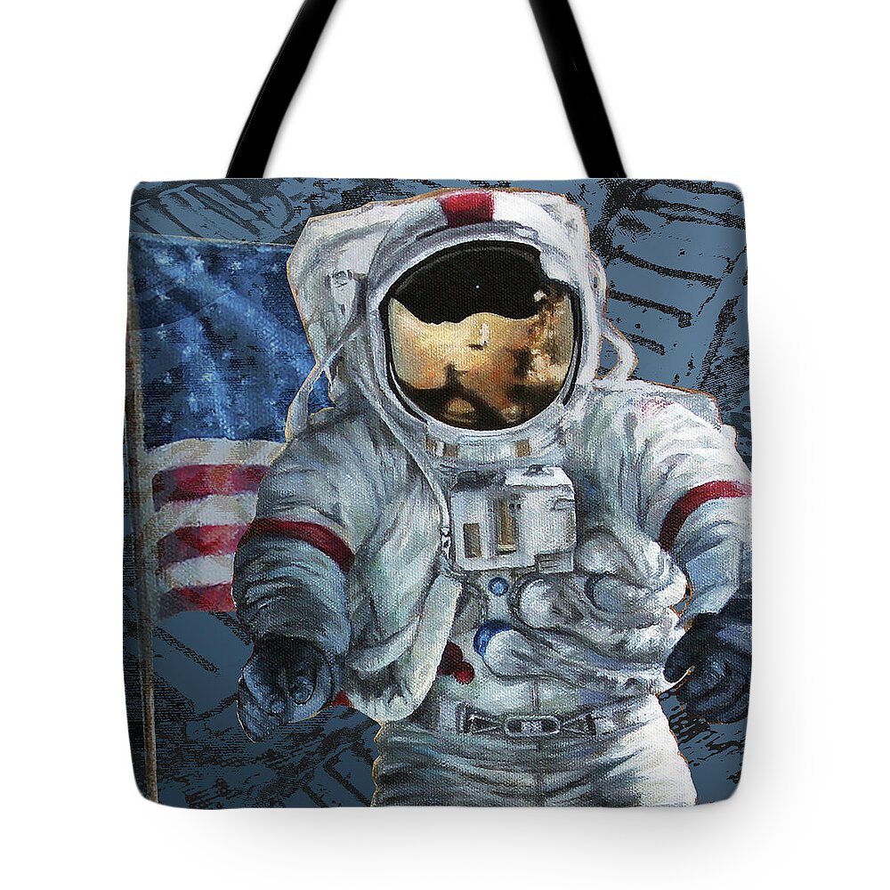 Astronauts Tote Bag featuring the mixed media Moonwalker by Lucy West