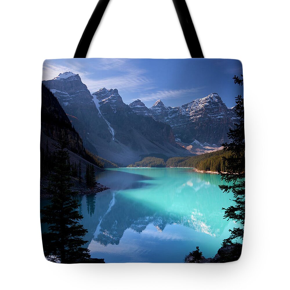 Extreme Terrain Tote Bag featuring the photograph Moraine Lake, Banff National Park by Dan prat