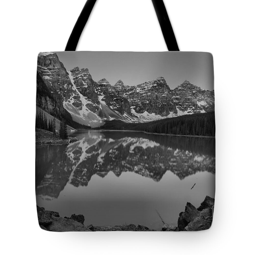 Moraine Lake Sunrise Tote Bag featuring the photograph Moraine Lake Dawn Pink Peaks Black And White by Adam Jewell
