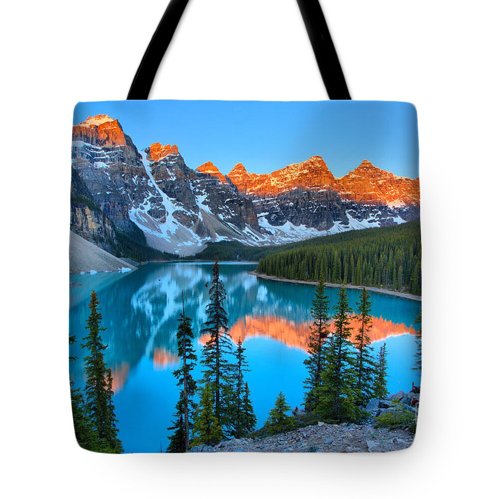 Moraine Lake Tote Bag featuring the photograph Moraine Lake Spring 2019 Sunrise by Adam Jewell