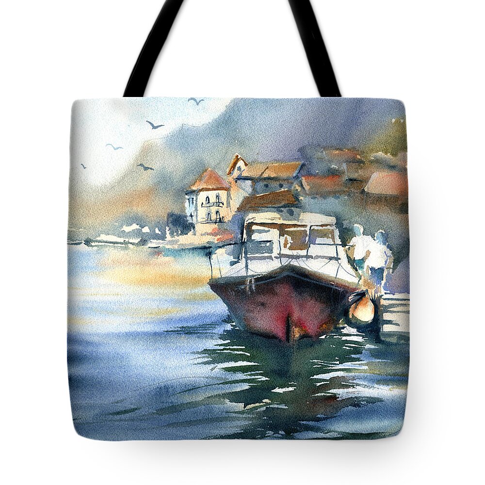 Watercolor Boat Tote Bag featuring the painting Morning At The Bay by Dora Hathazi Mendes