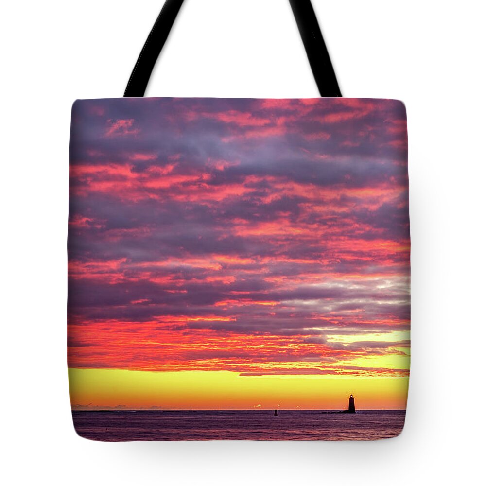 New Hampshire Tote Bag featuring the photograph Morning Fire Over Whaleback Light by Jeff Sinon