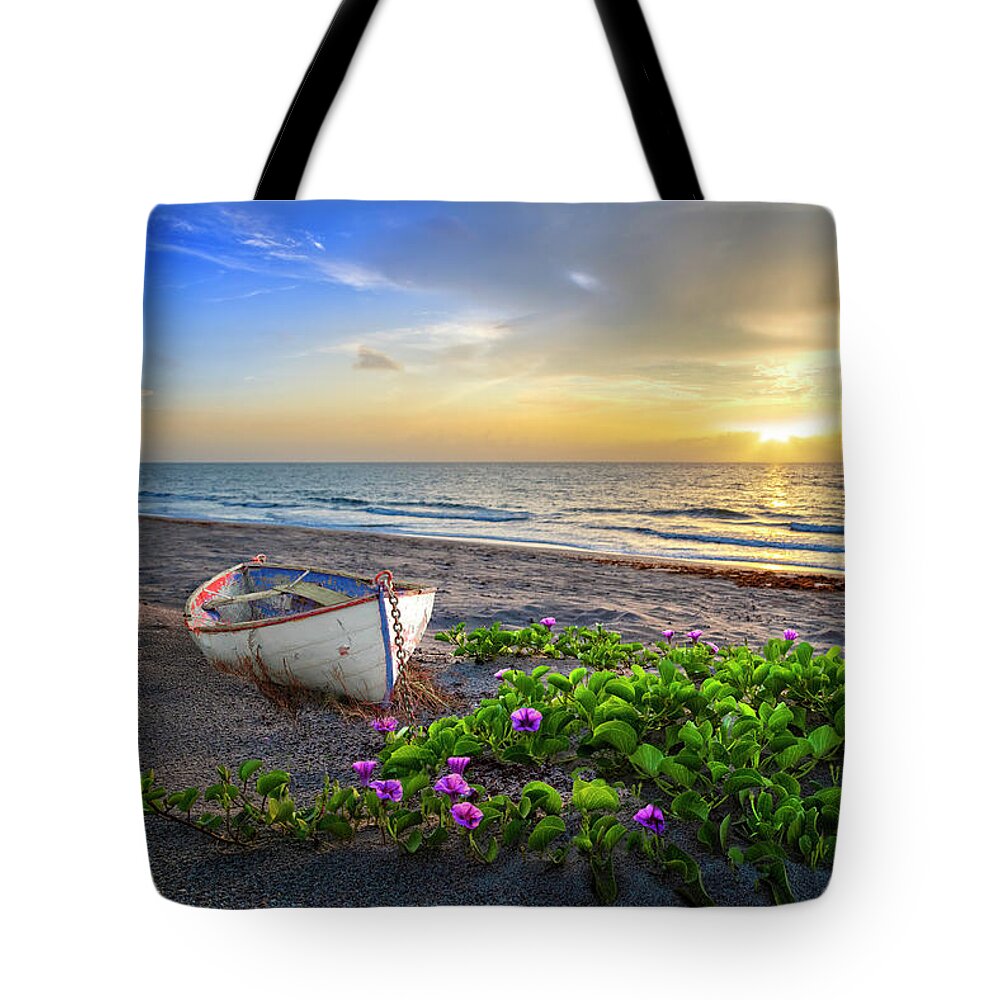 Boats Tote Bag featuring the photograph Morning Glory at the Beach by Debra and Dave Vanderlaan
