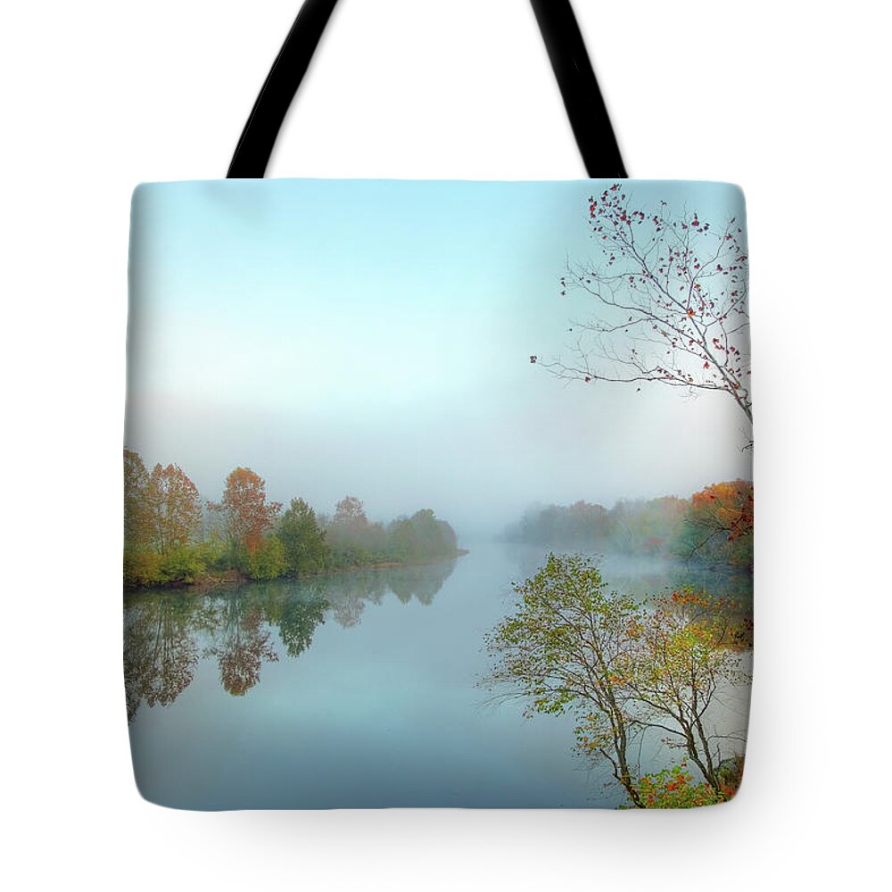 Scenics Tote Bag featuring the photograph Morning Mist On The James River In by Denistangneyjr