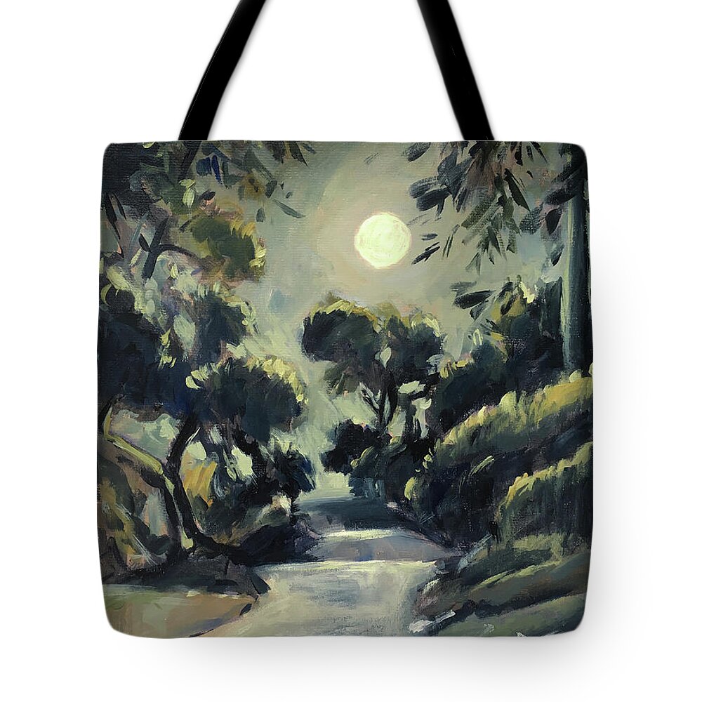 Loggos Tote Bag featuring the painting Morning moon Loggos by Nop Briex