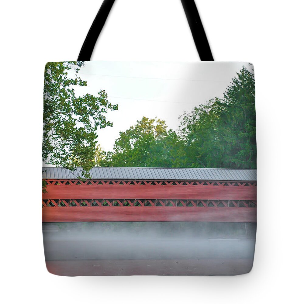 Morning Tote Bag featuring the photograph Morning on Swamp Creek - Sachs Covered Bridge - Gettysburg by Bill Cannon