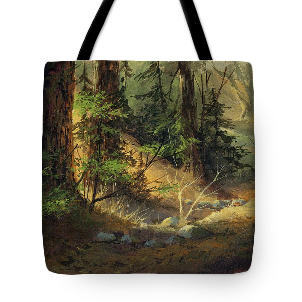 Michael Humphries Tote Bag featuring the painting Morning Redwoods by Michael Humphries