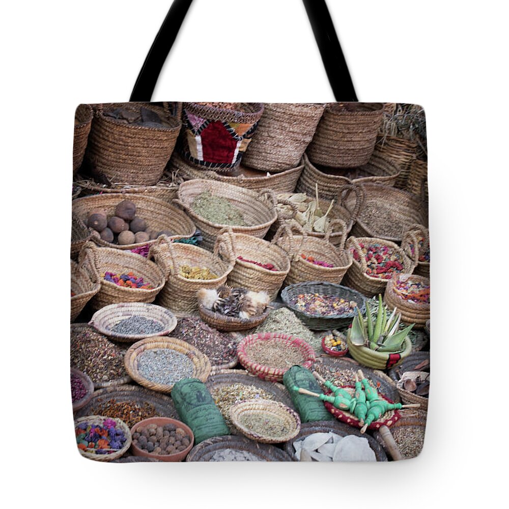 Natural Remedies Tote Bag featuring the photograph Moroccan Herbalist by Jessica Levant