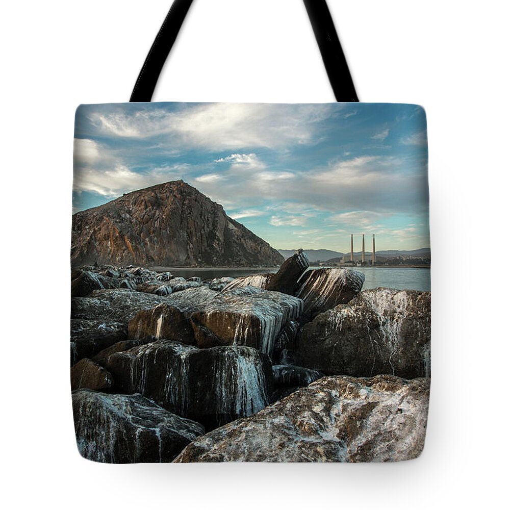 Morro Bay Tote Bag featuring the photograph Morro Rock Breakwater by Mike Long