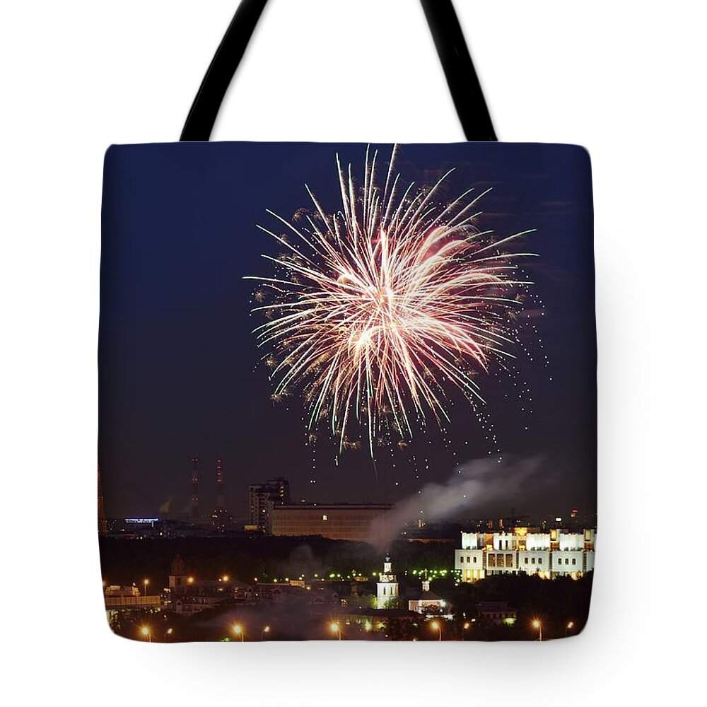 Event Tote Bag featuring the photograph Moscow Fireworks by Vladimir Zakharov