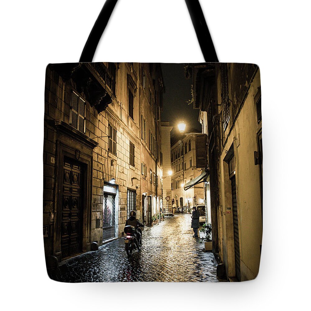 Italy Tote Bag featuring the photograph Motorbike in Narrow Street at Night in Rome in Italy by Andreas Berthold