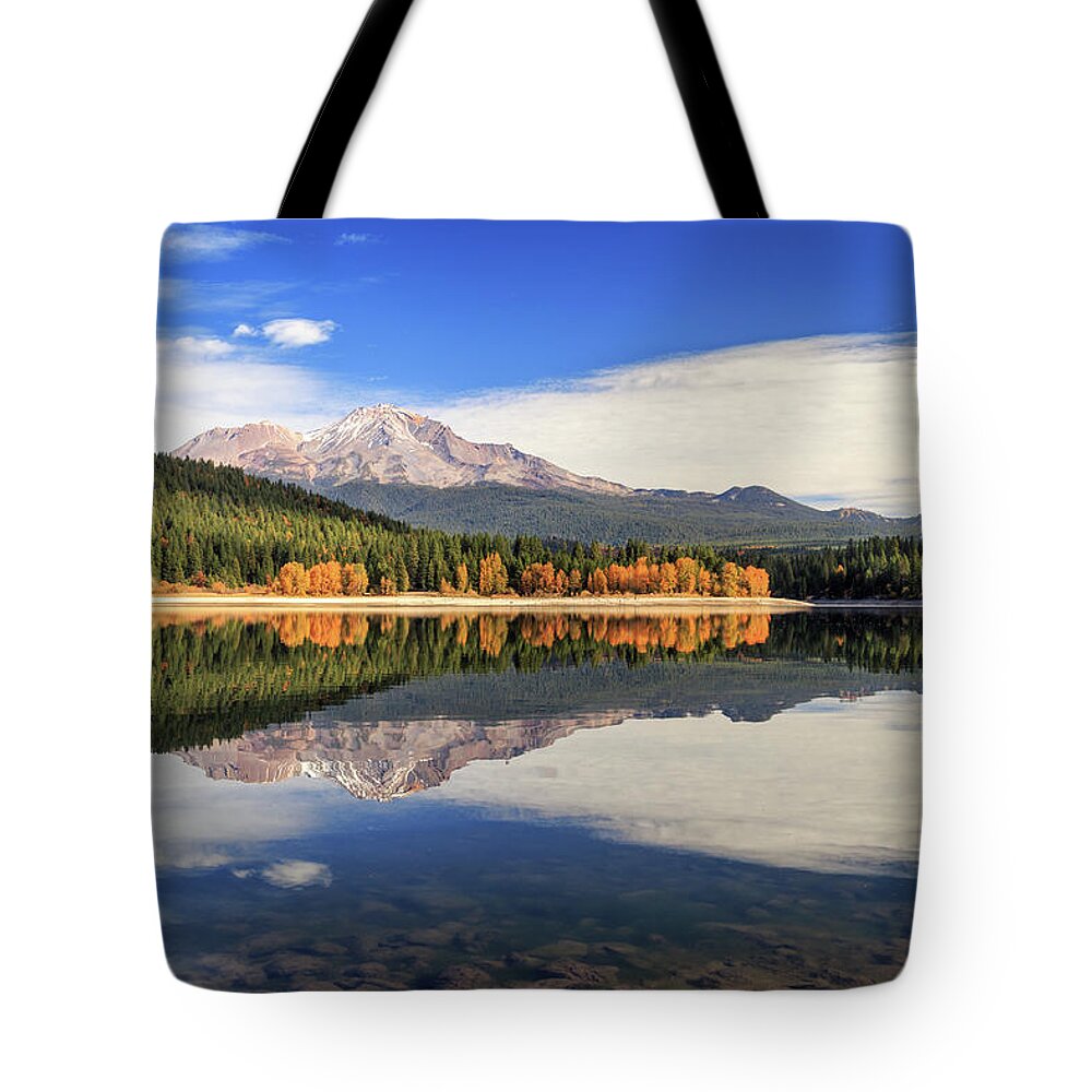 Mount Shasta Tote Bag featuring the photograph Mount Shasta From Lake Siskiyou by James Eddy