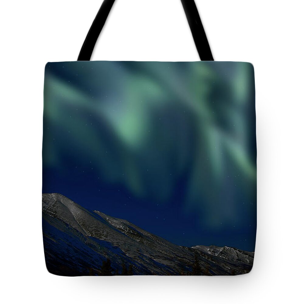 Tranquility Tote Bag featuring the photograph Mountain & Northern Lights by Mark Newman