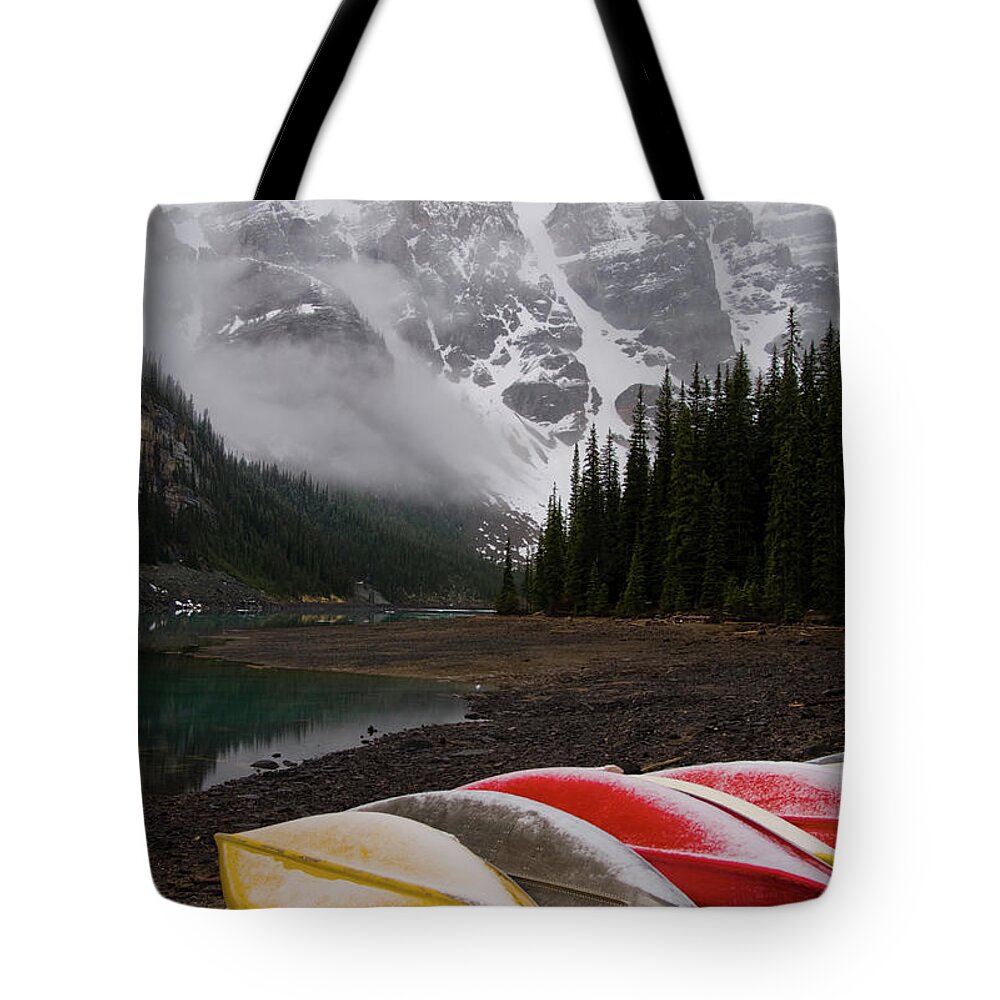 Scenics Tote Bag featuring the photograph Mountain Lake And Canoes by Dorin s