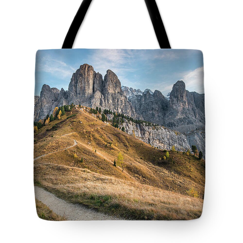 Dolomites Tote Bag featuring the photograph Mountain landscape of the picturesque Dolomites at Passo Gardena by Michalakis Ppalis