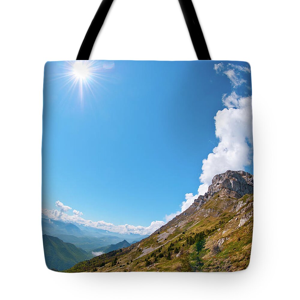 Scenics Tote Bag featuring the photograph Mountain Landscape With Sun by Mmac72