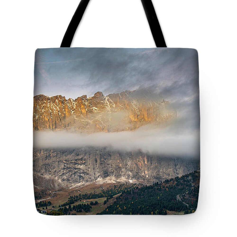 Dolomites Tote Bag featuring the photograph Mountain peaks of Langkofel or Saslonch, mountain range in the by Michalakis Ppalis