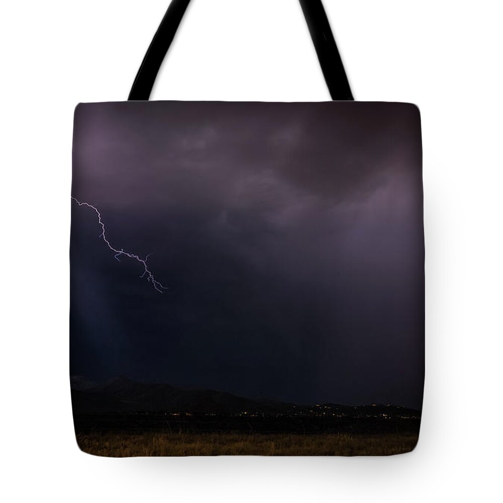 Lightning Tote Bag featuring the photograph Mountain Strike by Aaron Burrows