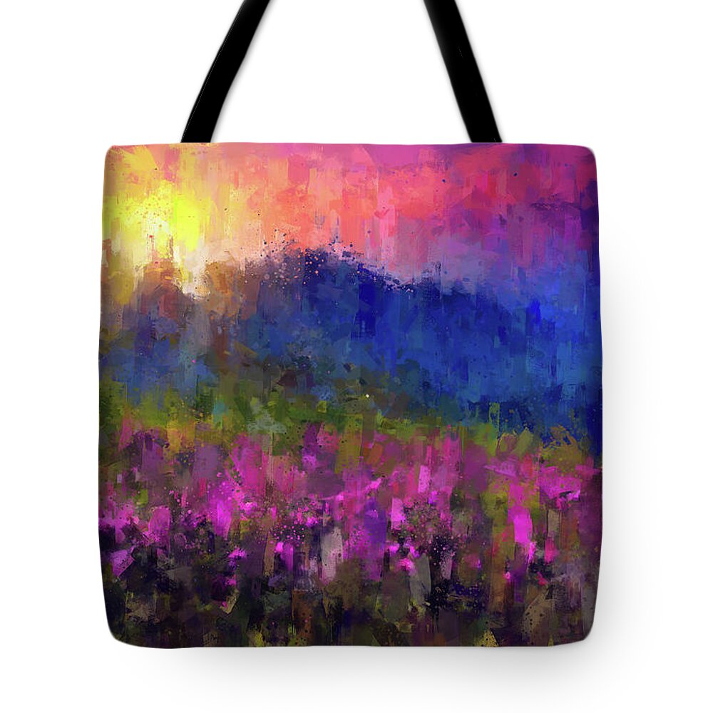 Mountain Tote Bag featuring the painting Mountain sunset by Vart Studio