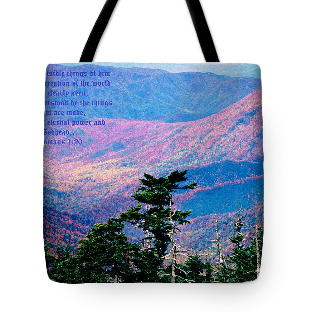 Newfound Gap Tote Bag featuring the photograph Mountain Valley Sunset Impressionist Style, Romans 1 vs 20 by Mike McBrayer
