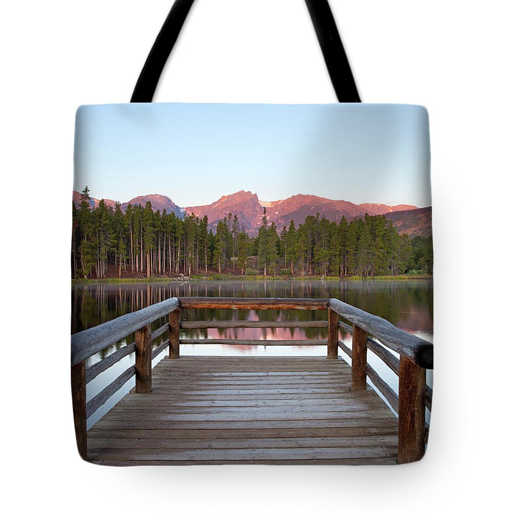 Dawn Tote Bag featuring the photograph Mountains Behind Sprague Lake by Lightvision, Llc